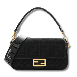 Fendi Canvas Vitello King Extra Strap FF Embroidered Baguette Black